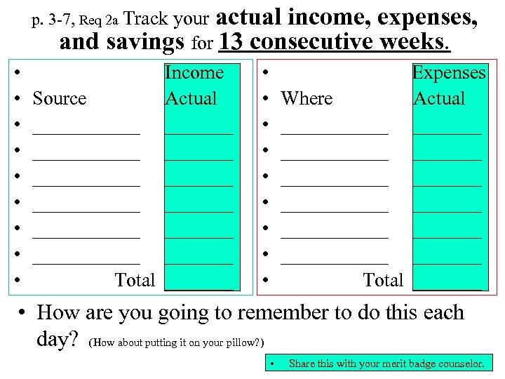 actual income, expenses, and savings for 13 consecutive weeks. p. 3 -7, Req 2