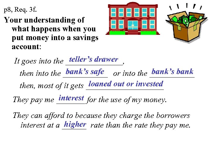 p 8, Req. 3 f. Your understanding of what happens when you put money