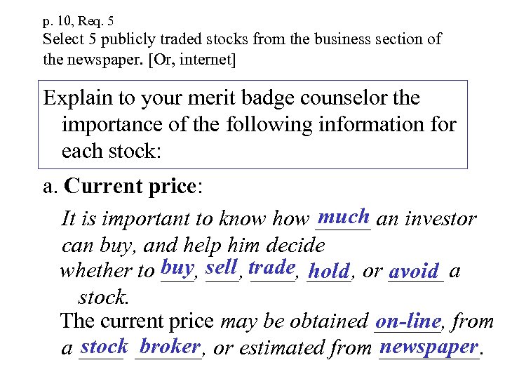 p. 10, Req. 5 Select 5 publicly traded stocks from the business section of