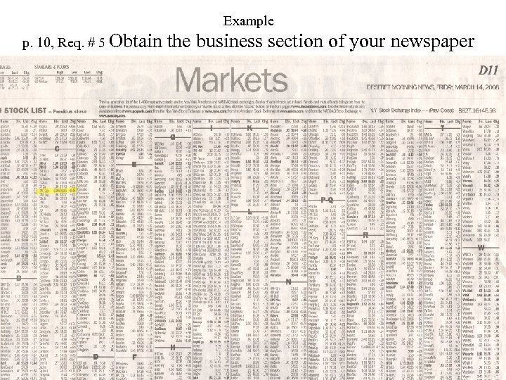 Example p. 10, Req. # 5 Obtain the business section of your newspaper 