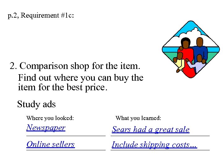 p. 2, Requirement #1 c: 2. Comparison shop for the item. Find out where