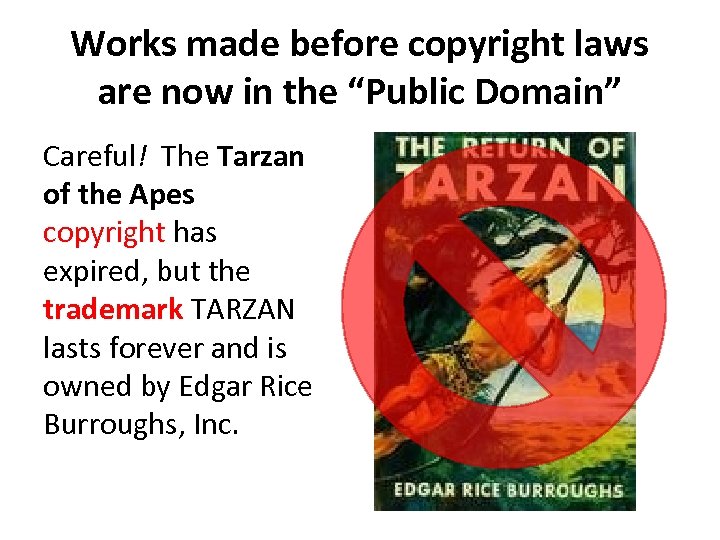 Works made before copyright laws are now in the “Public Domain” Careful! The Tarzan