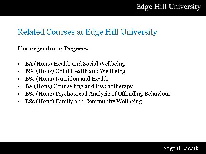 Related Courses at Edge Hill University Undergraduate Degrees: • • • BA (Hons) Health
