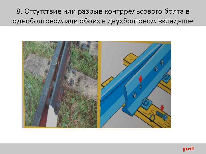 Чем контролируется прямолинейность остряка ответы. Разрыв контррельсового болта в одноболтовом вкладыше. Разрыв контррельсового болта стрелочного перевода. Неисправности стрелочного перевода.