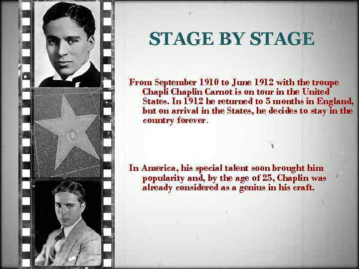 STAGE BY STAGE From September 1910 to June 1912 with the troupe Chaplin Carnot