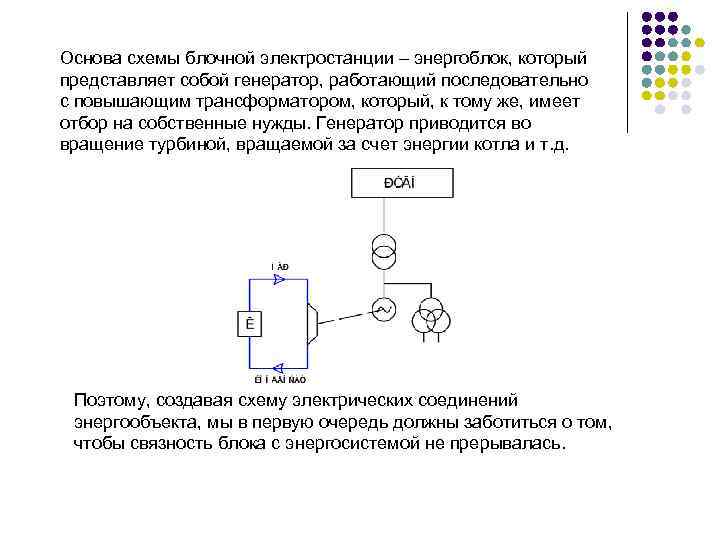 Основа схемы блочной электростанции – энергоблок, который представляет собой генератор, работающий последовательно с повышающим
