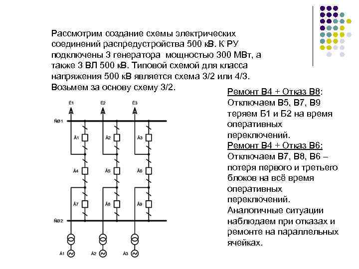 Рассмотрим создание схемы электрических соединений распредустройства 500 к. В. К РУ подключены 3 генератора