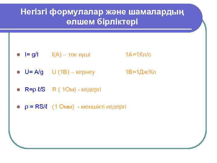 Негізгі формулалар және шамалардың өлшем бірліктері l I= g/t I(А) – ток күші 1