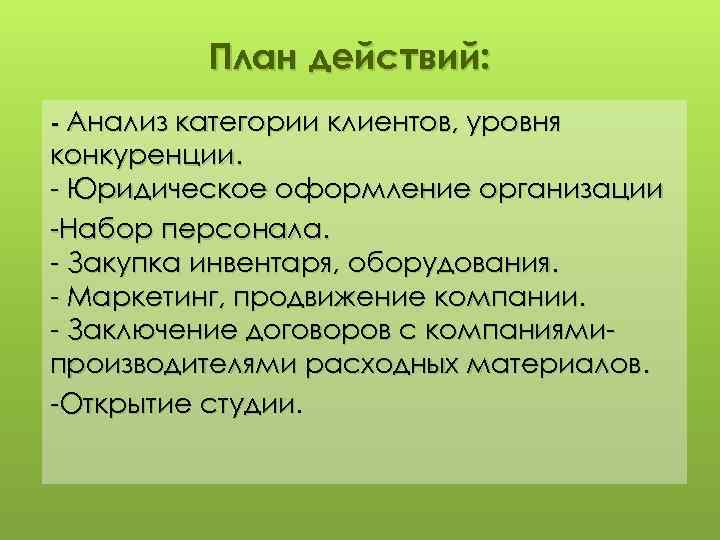 План действий: - Анализ категории клиентов, уровня конкуренции. - Юридическое оформление организации -Набор персонала.