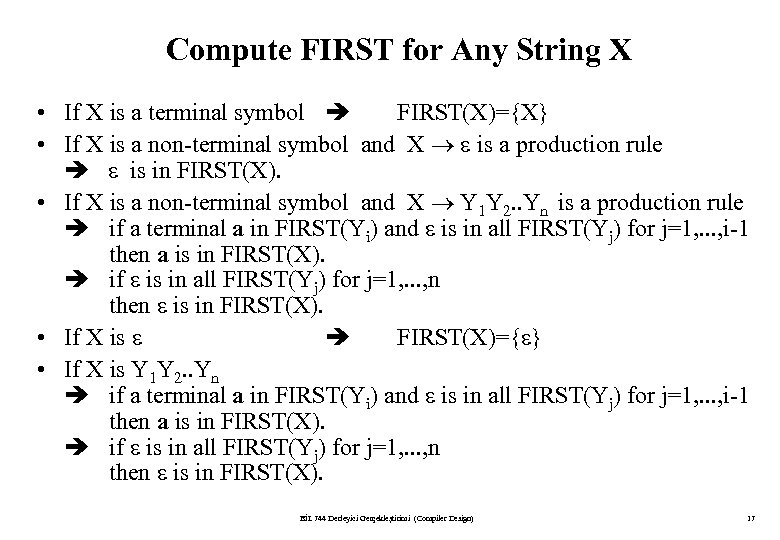 Compute FIRST for Any String X • If X is a terminal symbol FIRST(X)={X}