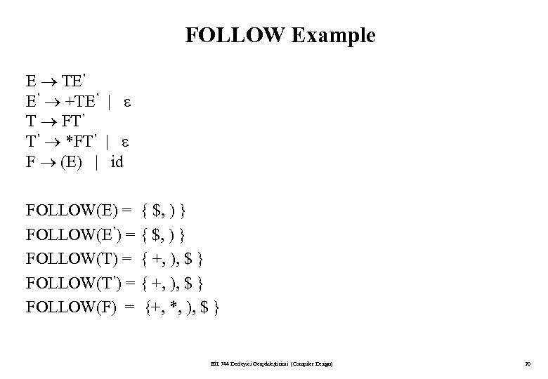 FOLLOW Example E TE’ E’ +TE’ | T FT’ T’ *FT’ | F (E)