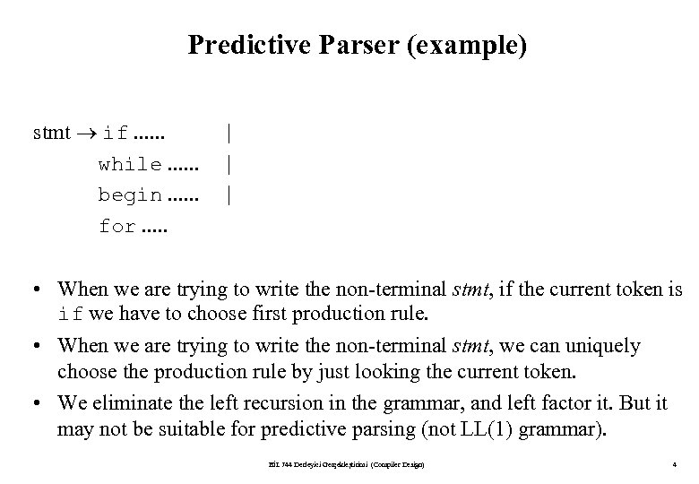 Predictive Parser (example) stmt if. . . while. . . begin. . . for.