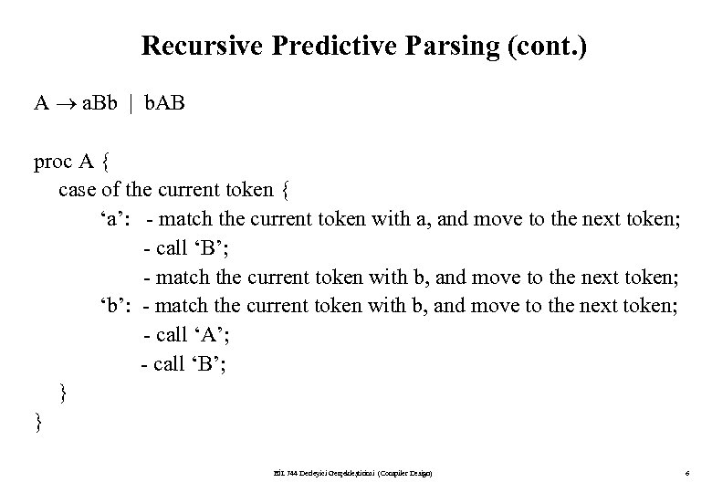 Recursive Predictive Parsing (cont. ) A a. Bb | b. AB proc A {