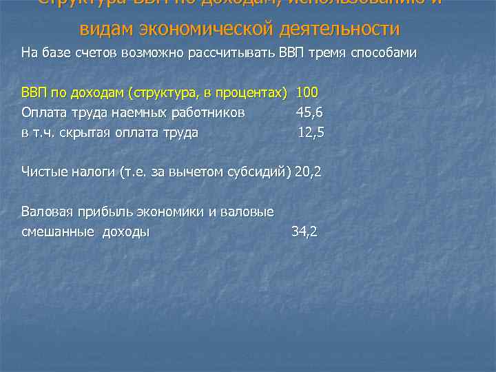 Структура ВВП по доходам, использованию и видам экономической деятельности На базе счетов возможно рассчитывать