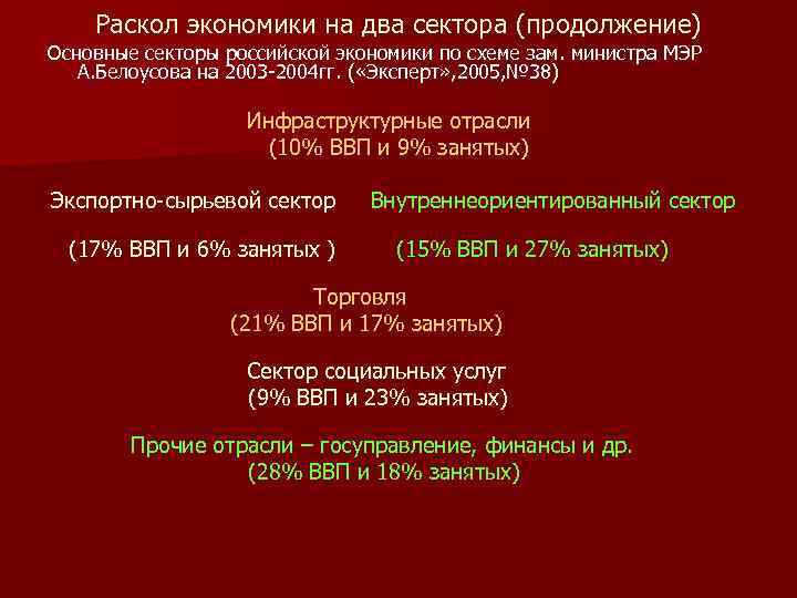 Раскол экономики на два сектора (продолжение) Основные секторы российской экономики по схеме зам. министра