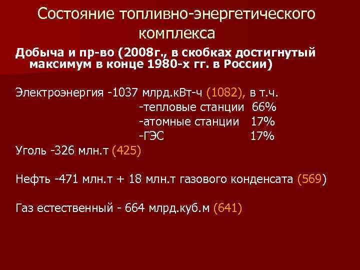 Состояние топливно энергетического комплекса Добыча и пр-во (2008 г. , в скобках достигнутый максимум