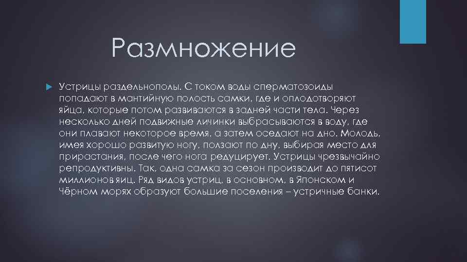 Размножение Устрицы раздельнополы. С током воды сперматозоиды попадают в мантийную полость самки, где и