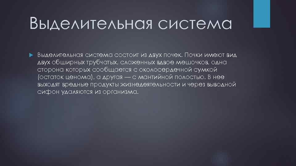 Выделительная система состоит из двух почек. Почки имеют вид двух обширных трубчатых, сложенных вдвое