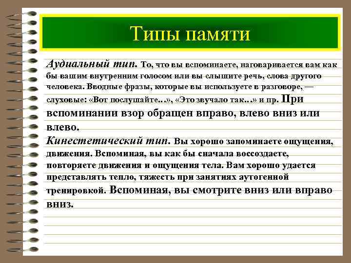 Типы памяти Аудиальный тип. То, что вы вспоминаете, наговаривается вам как бы вашим внутренним