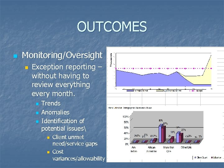 OUTCOMES n Monitoring/Oversight n Exception reporting – without having to review everything every month.