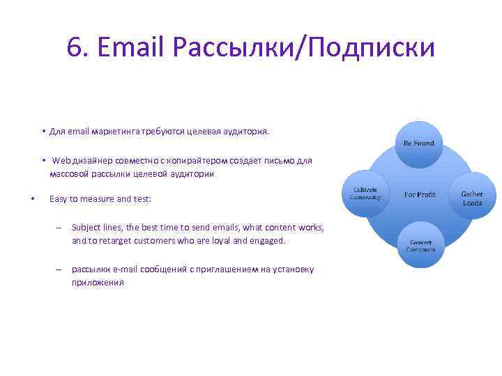 6. Email Рассылки/Подписки • Для email маркетинга требуются целевая аудитория. • Web дизайнер совместно
