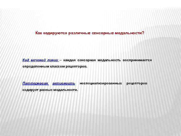 Как кодируются различные сенсорные модальности? Код меченой линии – каждая сенсорная модальность воспринимается определенным