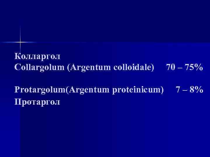 Колларгол Collargolum (Argentum colloidale) 70 – 75% Protargolum(Argentum proteinicum) 7 – 8% Протаргол 