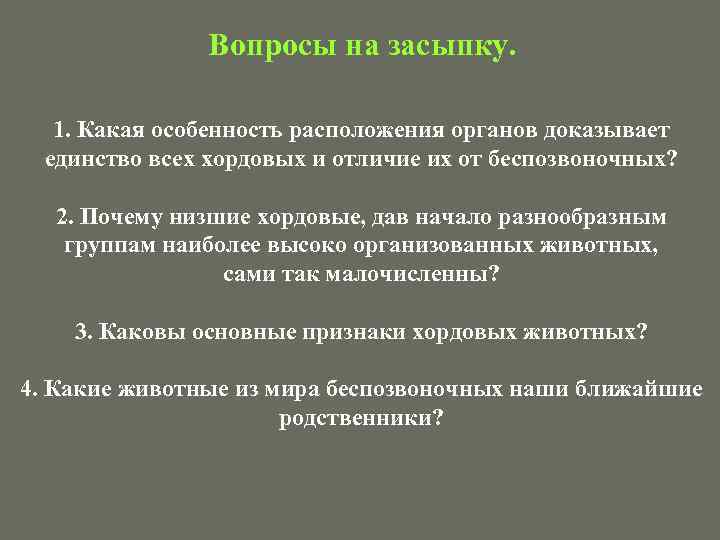 Вопросы на засыпку. 1. Какая особенность расположения органов доказывает единство всех хордовых и отличие