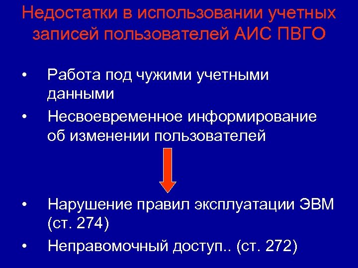 Недостатки в использовании учетных записей пользователей АИС ПВГО • • Работа под чужими учетными