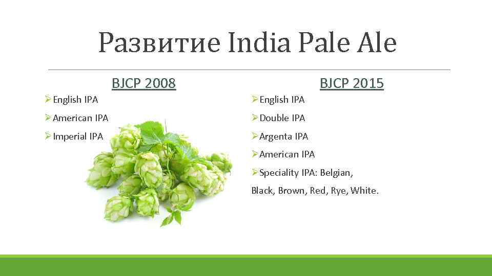 Развитие India Pale Ale BJCP 2008 BJCP 2015 ØEnglish IPA ØAmerican IPA ØDouble IPA