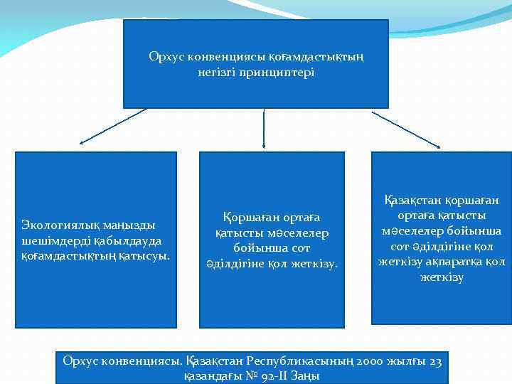 Орхус конвенциясы қоғамдастықтың негізгі принциптері Экологиялық маңызды шешiмдерді қабылдауда қоғамдастықтың қатысуы. Қоршаған ортаға қатысты