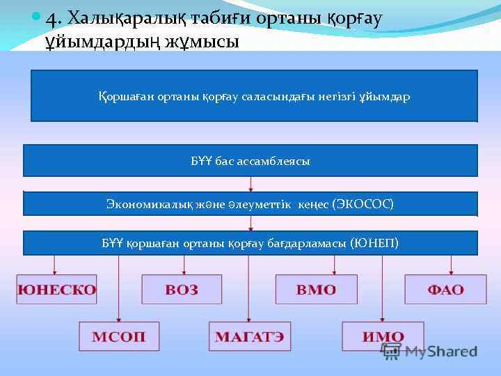  4. Халықаралық табиғи ортаны қорғау ұйымдардың жұмысы Қоршаған ортаны қорғау саласындағы негізгі ұйымдар