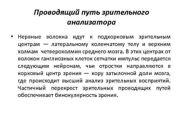 Проводящий путь зрительного анализатора • Нервные волокна идут к подкорковым зрительным центрам — латеральному