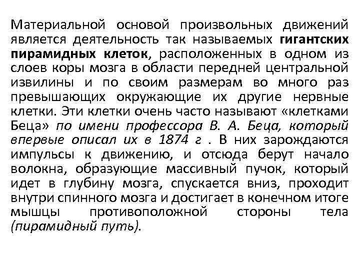 Материальной основой произвольных движений является деятельность так называемых гигантских пирамидных клеток, расположенных в одном
