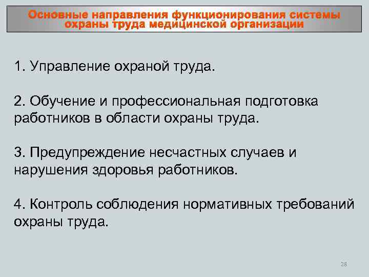 Основные направления функционирования системы охраны труда медицинской организации 1. Управление охраной труда. 2. Обучение