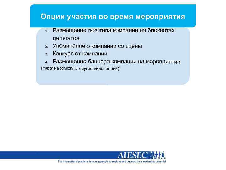 Опции участия во время мероприятия 1. 2. 3. 4. Размещение логотипа компании на блокнотах