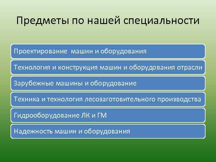 Предметы по нашей специальности Проектирование машин и оборудования Технология и конструкция машин и оборудования