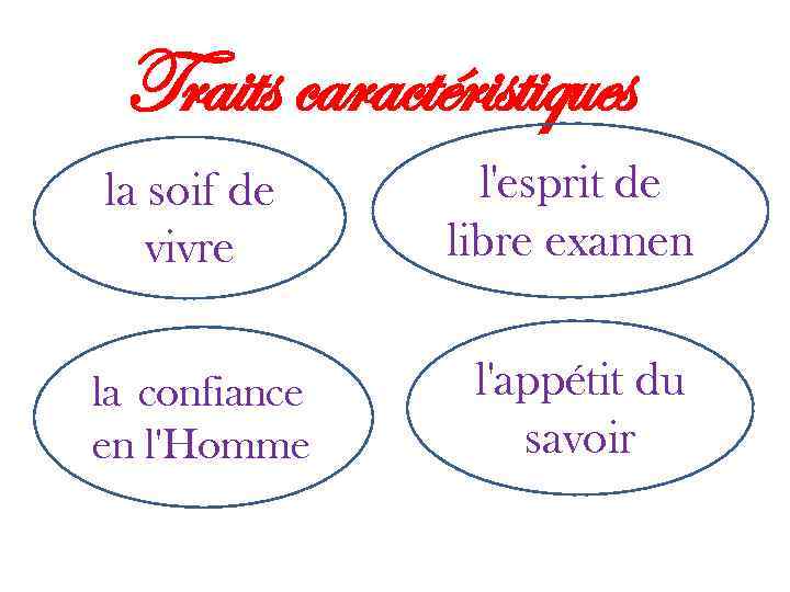 Traits caractéristiques la soif de vivre l'esprit de libre examen la confiance en l'Homme