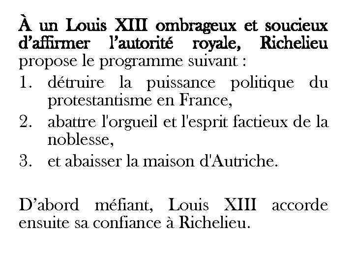 À un Louis XIII ombrageux et soucieux d’affirmer l’autorité royale, Richelieu propose le programme