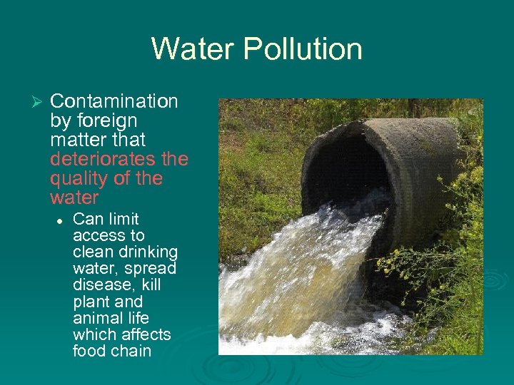 Water Pollution Ø Contamination by foreign matter that deteriorates the quality of the water