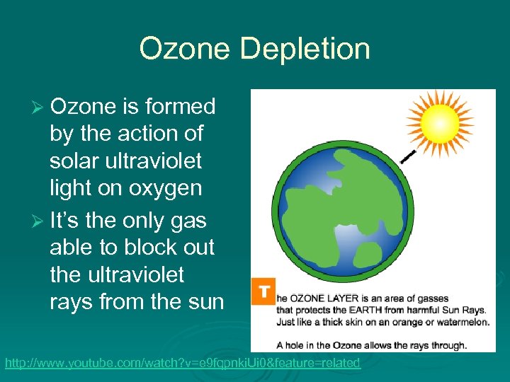 Ozone Depletion Ø Ozone is formed by the action of solar ultraviolet light on