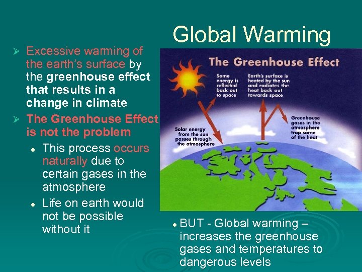 Excessive warming of the earth’s surface by the greenhouse effect that results in a