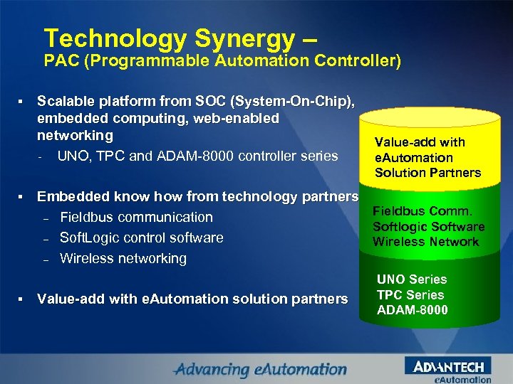 Technology Synergy – PAC (Programmable Automation Controller) § § § Scalable platform from SOC