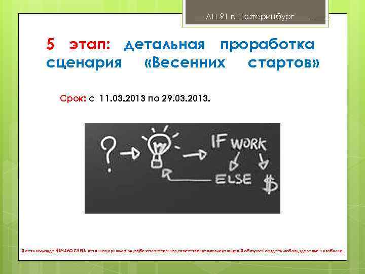 ЛП 91 г. Екатеринбург . 5 этап: детальная проработка сценария «Весенних стартов» Срок: с