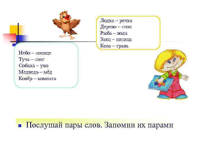 Лодка – речка Дерево – стол Рыба – вода Заяц – лисица Коза –