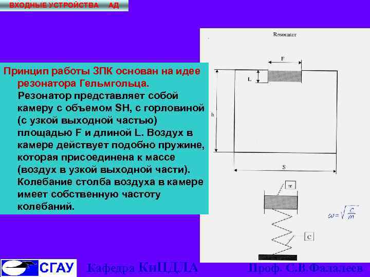 ВХОДНЫЕ УСТРОЙСТВА АД Принцип работы ЗПК основан на идее резонатора Гельмгольца. Резонатор представляет собой