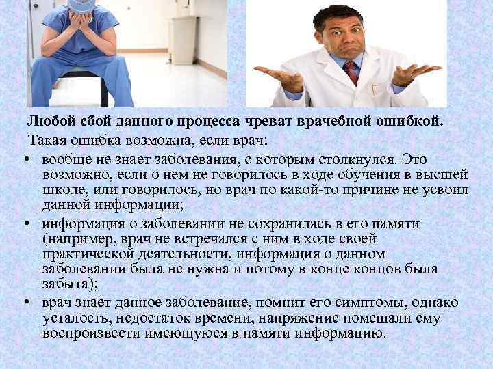 Любой сбой данного процесса чреват врачебной ошибкой. Такая ошибка возможна, если врач: • вообще