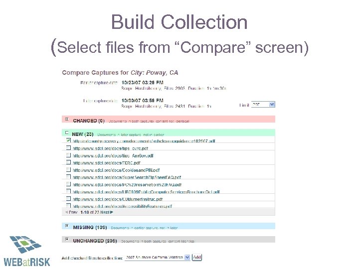 Build Collection (Select files from “Compare” screen) 