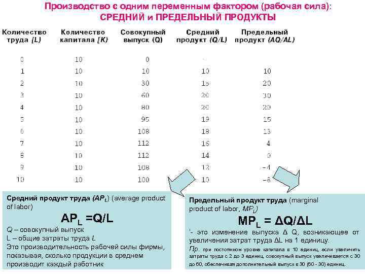 Производство с одним переменным фактором (рабочая сила): СРЕДНИЙ и ПРЕДЕЛЬНЫЙ ПРОДУКТЫ Средний продукт труда