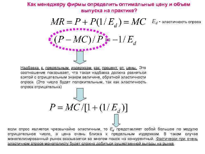 Как менеджеру фирмы определить оптимальные цену и объем выпуска на практике? Ed - эластичность